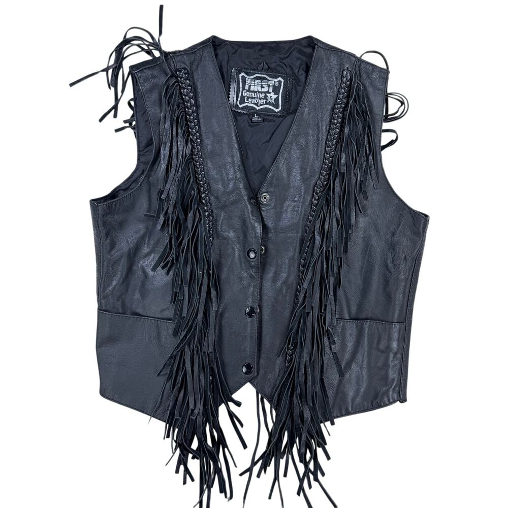 First Genuine Leather Motorcycle Vest Long Fringe Size Large